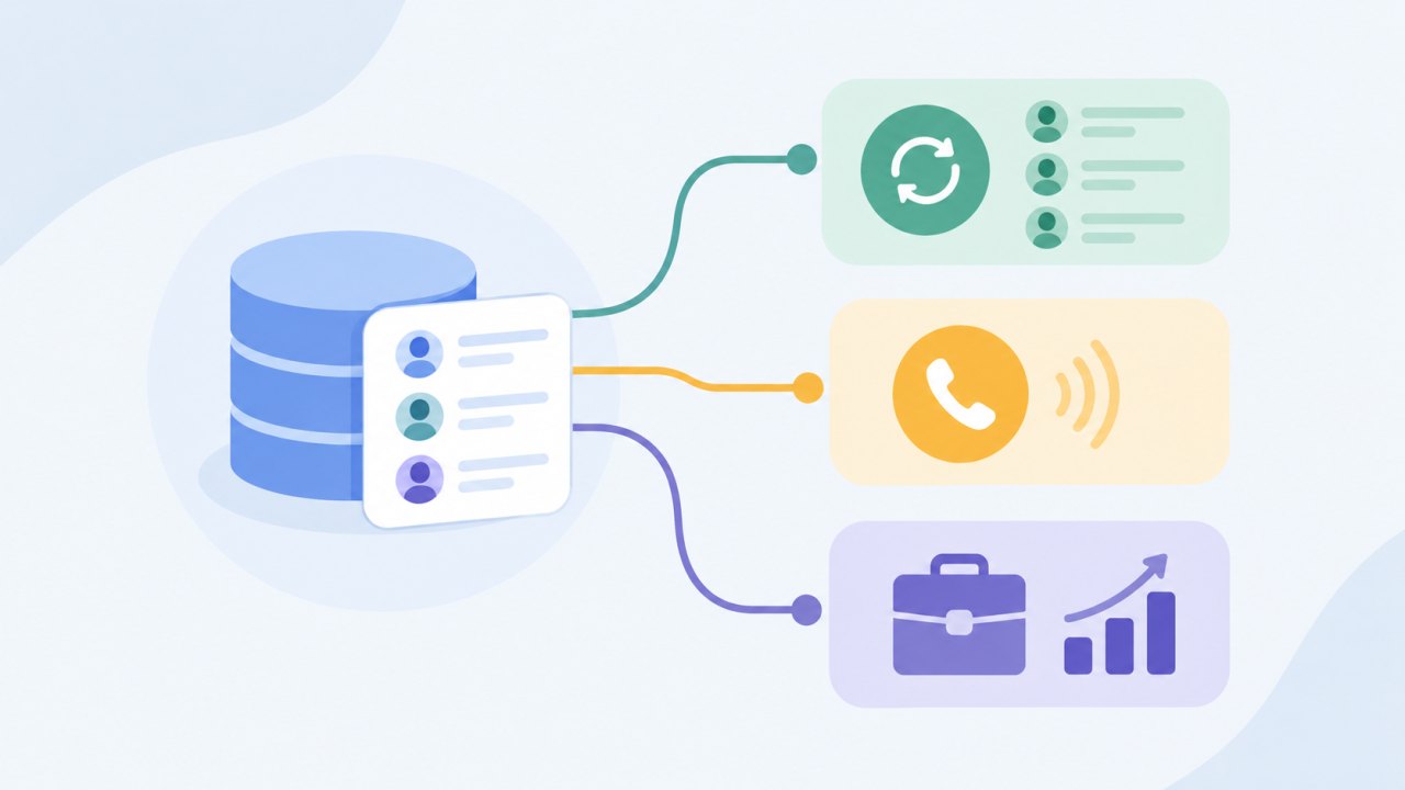 Схема работы с клиентской базой: условная CRM-база контактов, от которой расходятся линии к повторным обращениям, звонкам и отделу продаж, без текста, логотипов и людей