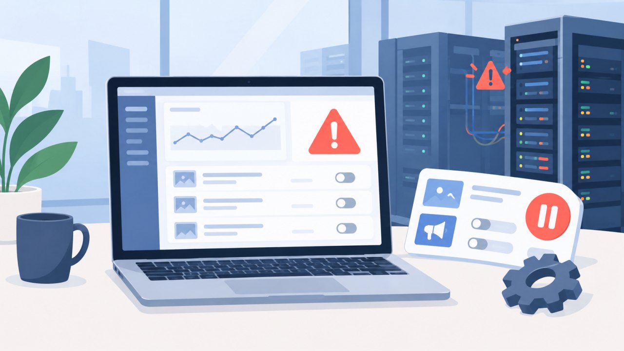 Редакционная иллюстрация технического сбоя рекламной платформы: ноутбук с условным рекламным кабинетом, рядом остановившиеся элементы управления, серверные стойки на заднем плане, без текста, логотипов и людей