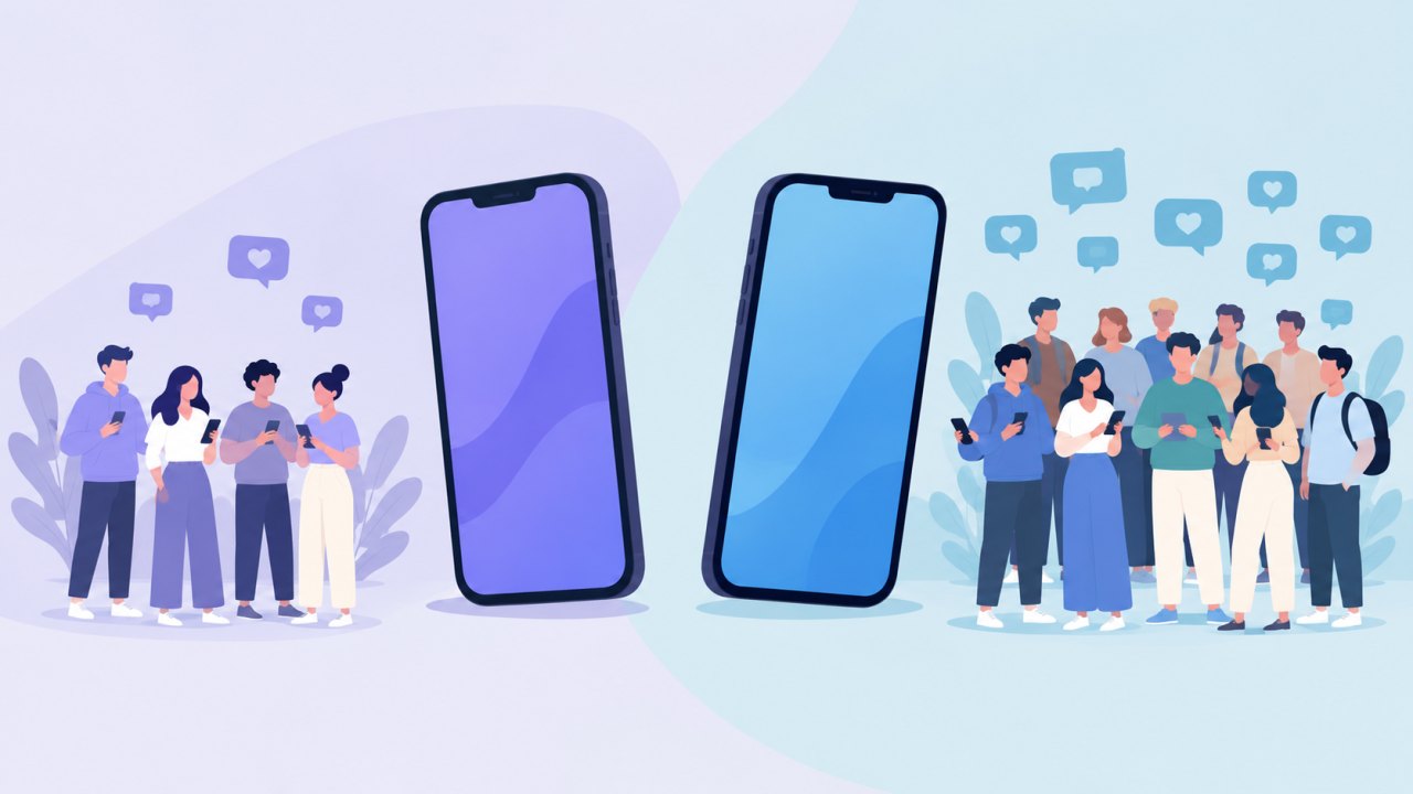 Минималистичная редакционная инфографика с двумя смартфонами, символизирующими разные мессенджеры, и группами пользователей разного размера; без интерфейсов, текста, логотипов и узнаваемых людей